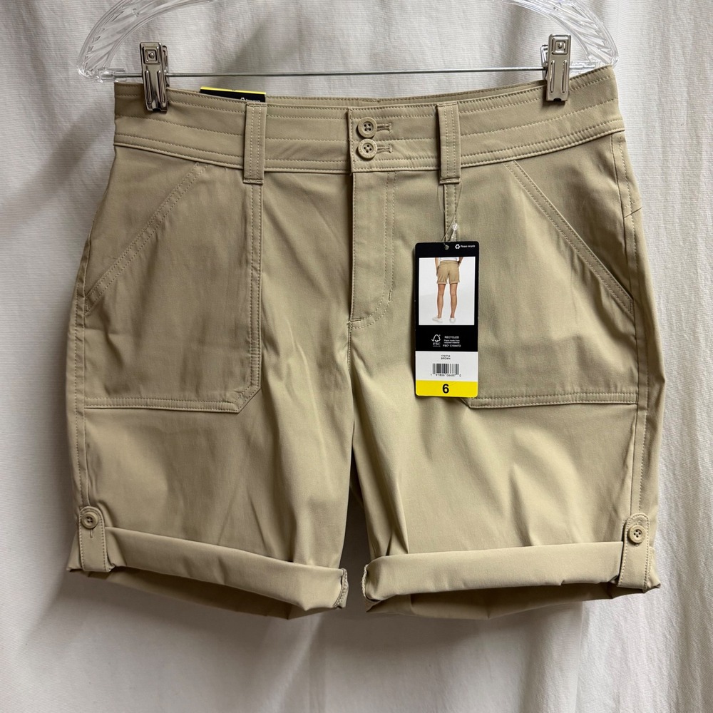 Eddie Bauer Womens Rolled Hem Bermuda Shorts Khaki Brown Stretch UPF 50 Size 6
